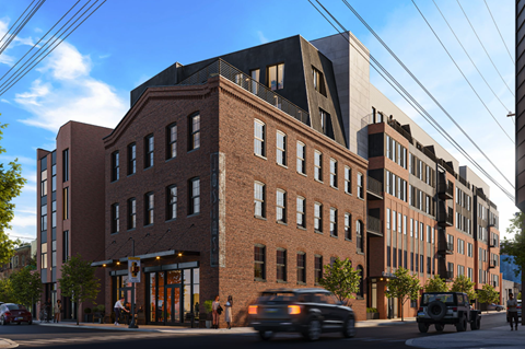 a rendering of a brick building on a city street